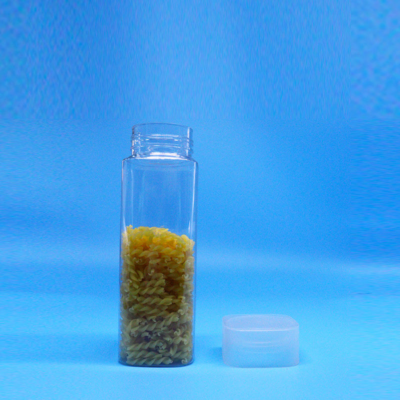 Biji lebar 600ml Makanan ringan Permen Karet transparan Square PET Plastik Botol Lantai Top Tutup
