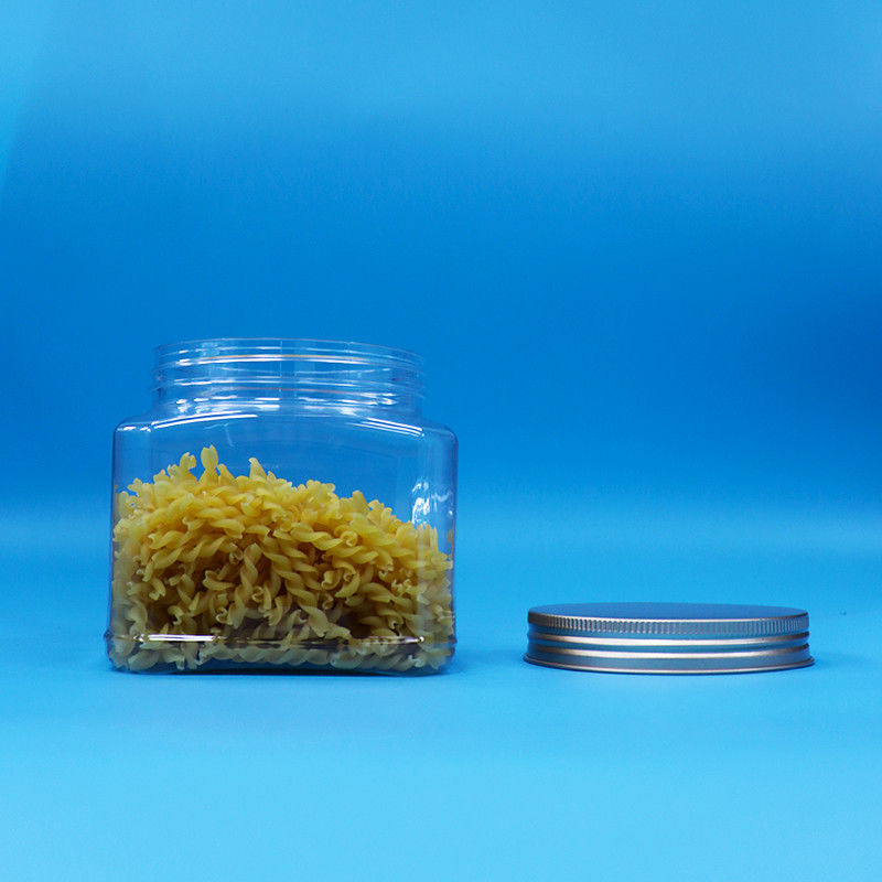 Permen Makanan Snack Food Grade PET Clear Square Shape Plastic Grip Jar Aluminium Lid
