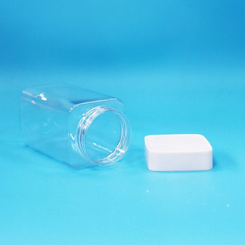 Toples Permen Plastik PET Kosong Persegi Transparan Food Grade dengan Tutup Putih