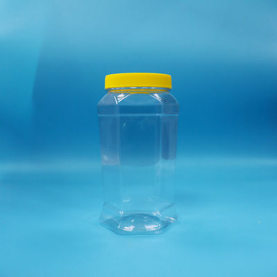 Makanan Grade Cookie Permen Bentuk Hexagonal Jelas PET Jar Makanan Kuning Screw Cap