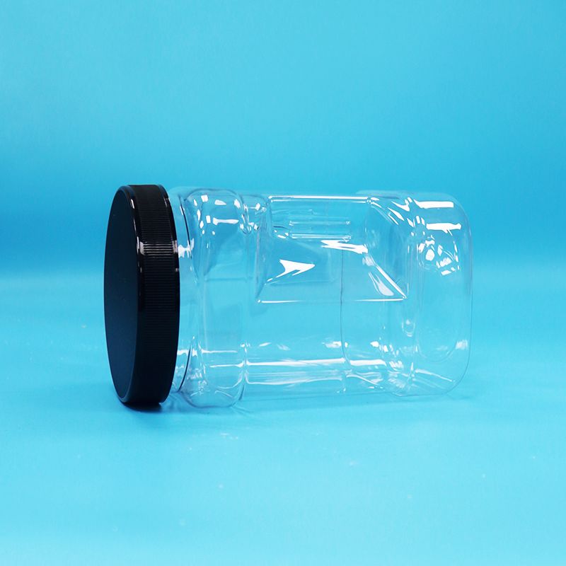 Buah-buahan kering transparan dan kacang-kacangan Bentuk persegi PET Plastik Grip Botol Hitam Tutup datar