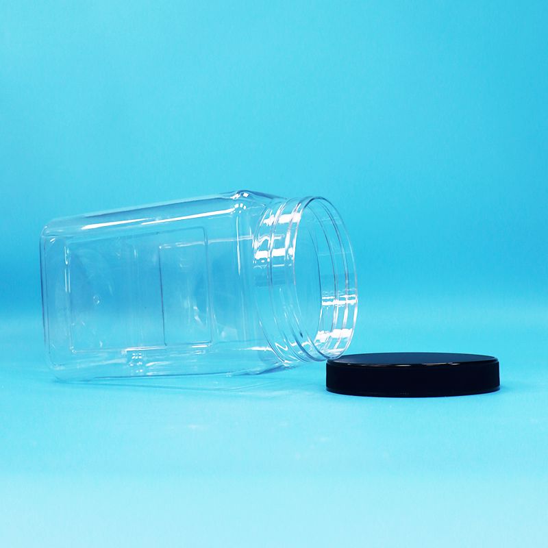 Botol Transparan Bentuk Square Plastik PET Hitam Tutup Untuk Makanan Permen Keks Noodle