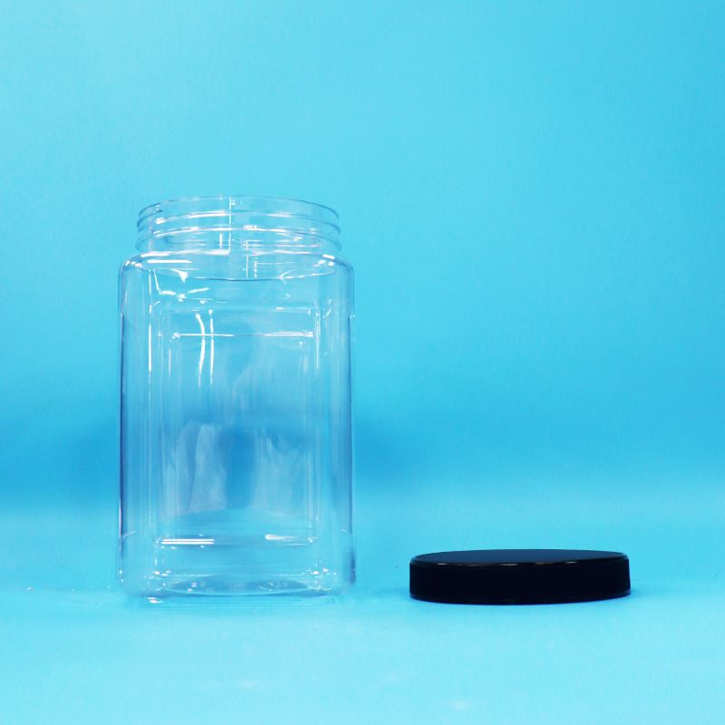 Botol Transparan Bentuk Square Plastik PET Hitam Tutup Untuk Makanan Permen Keks Noodle