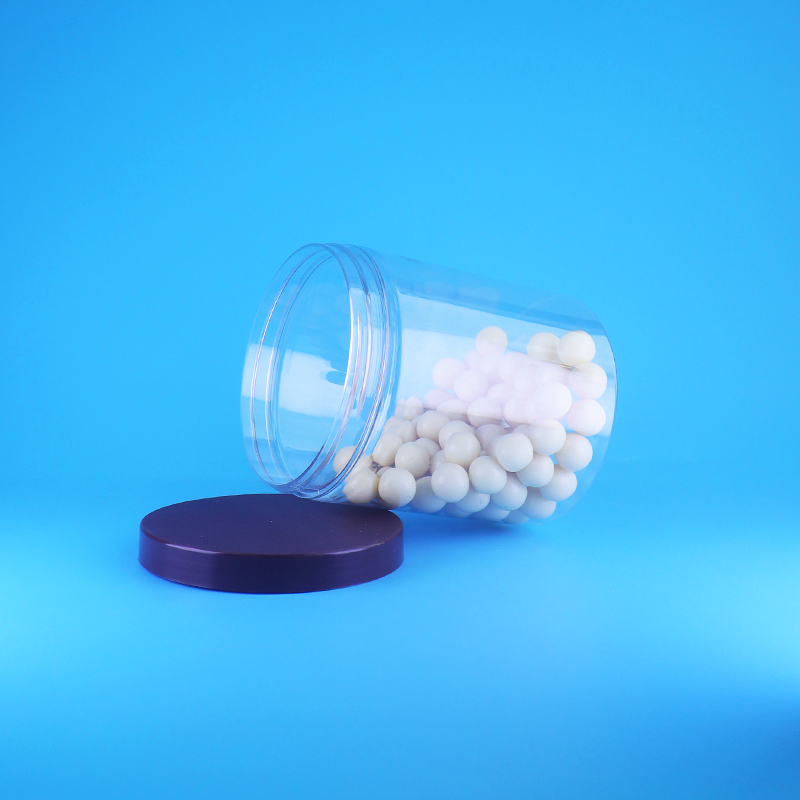 Toples Makanan Grade Makanan Kedap Udara Tinggi Bulat Bening PET Plastik untuk Makanan Kering Manis, Tutup Datar Ulir