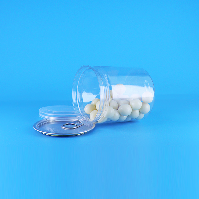 Proof kebocoran mudah tutup terbuka jelas bulat makanan ringan permen PET plastik kaleng makanan kemasan