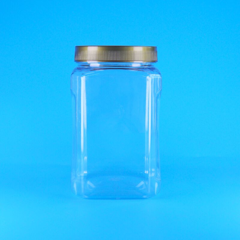 Toples plastik PET persegi bentuk persegi bening dengan tutup cokelat untuk makanan, kue, badam, dan buah kering