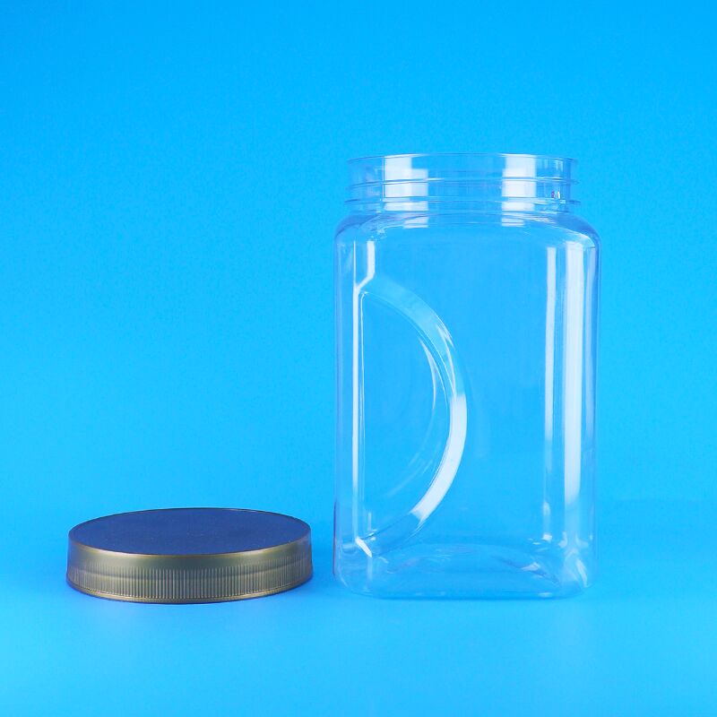 Toples plastik PET persegi bentuk persegi bening dengan tutup cokelat untuk makanan, kue, badam, dan buah kering