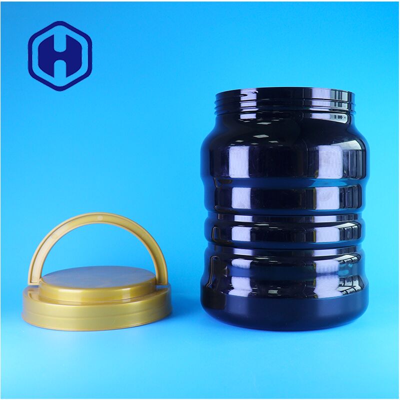 PET Botol Plastik Bulat Hitam Dengan Tutup Handle Granola Trail Campuran Makanan Aman Dispensing Nyaman
