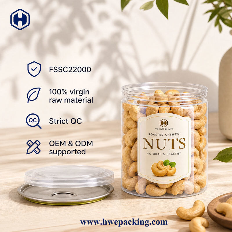 FSSC22000 Sertifikasi Kaleng PET Jelas untuk Makanan Kering ODM Pemesanan Grosir Desain Modern Mudah Terbuka