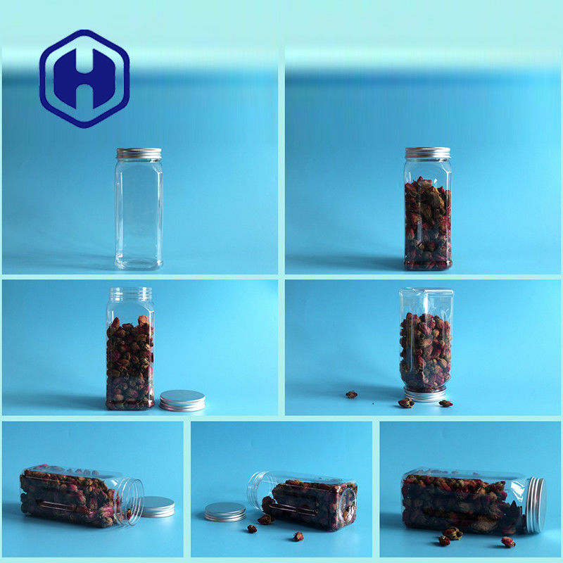 580ml Toples Plastik PET Persegi Untuk Makanan Tutup Sekrup Aluminium Kosong Mulut Lebar Kedap Udara