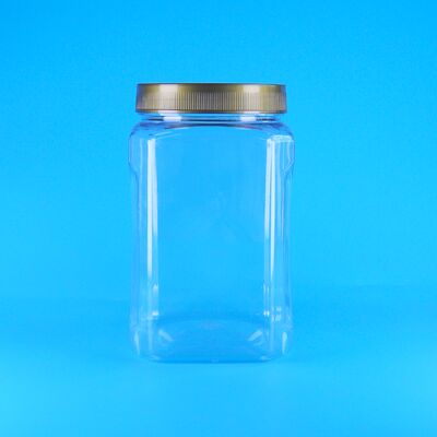 Toples plastik PET persegi bentuk persegi bening dengan tutup cokelat untuk makanan, kue, badam, dan buah kering